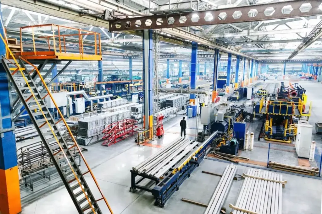 Production hall of a manufacturer with machines, racks and load carriers